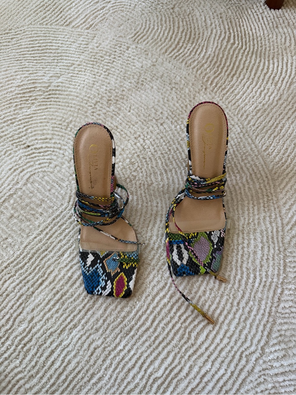 Multicolor Snakeskin Lace-Up Square Toe Heels